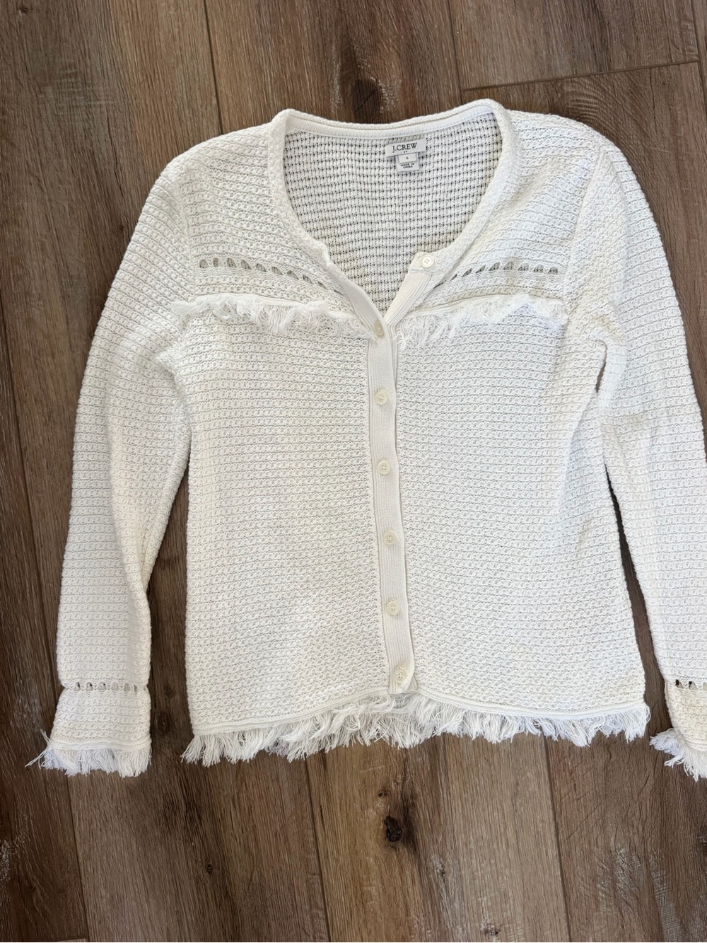 J. Crew Cream Fringe Trim Knit Button-Front Cardigan